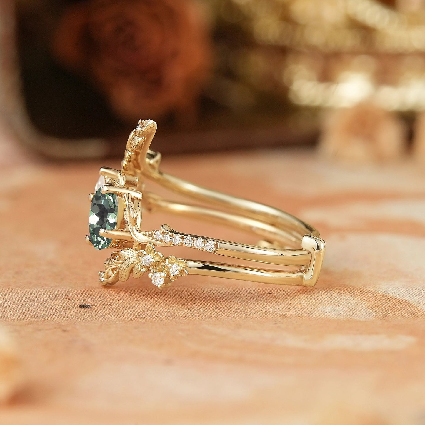 Two - Stone Pear Moissanite and Oval Green Sapphire Toi Et Moi Leaf Bridal Ring Set - GemsMagic - GemsMagic