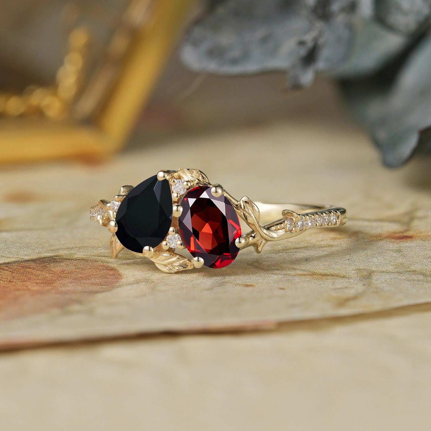 Two - Stone Pear Onyx And Oval Garnet Toi Et Moi Leaf Engagament Ring | GemsMagic - GemsMagic