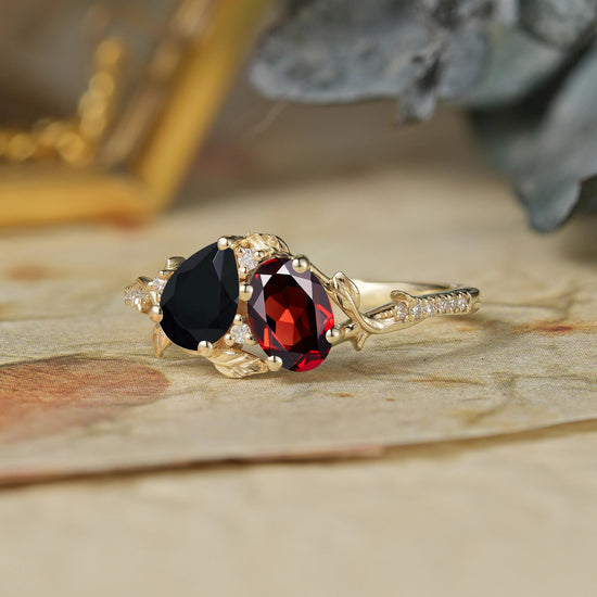 Two - Stone Pear Onyx And Oval Garnet Toi Et Moi Leaf Engagament Ring | GemsMagic - GemsMagic