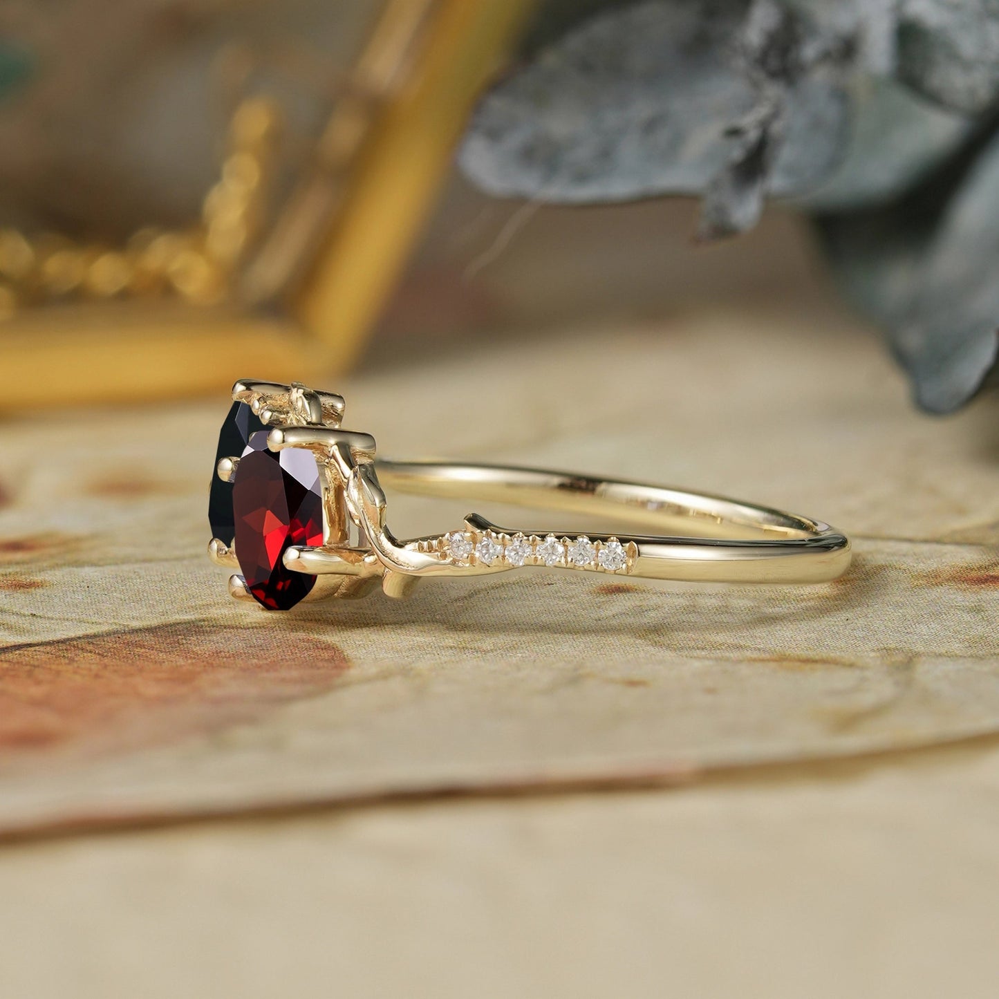 Two - Stone Pear Onyx And Oval Garnet Toi Et Moi Leaf Engagament Ring | GemsMagic - GemsMagic