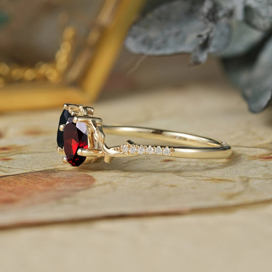 Two - Stone Pear Onyx And Oval Garnet Toi Et Moi Leaf Engagament Ring | GemsMagic - GemsMagic