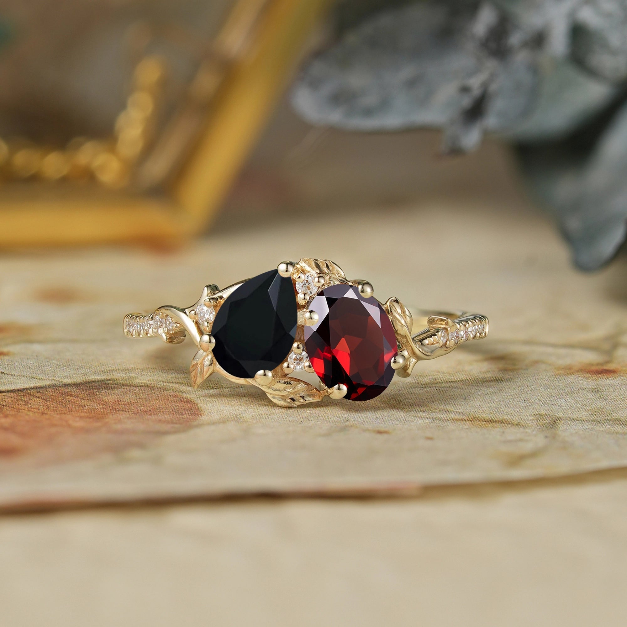 Two - Stone Pear Onyx And Oval Garnet Toi Et Moi Leaf Engagament Ring | GemsMagic - GemsMagic