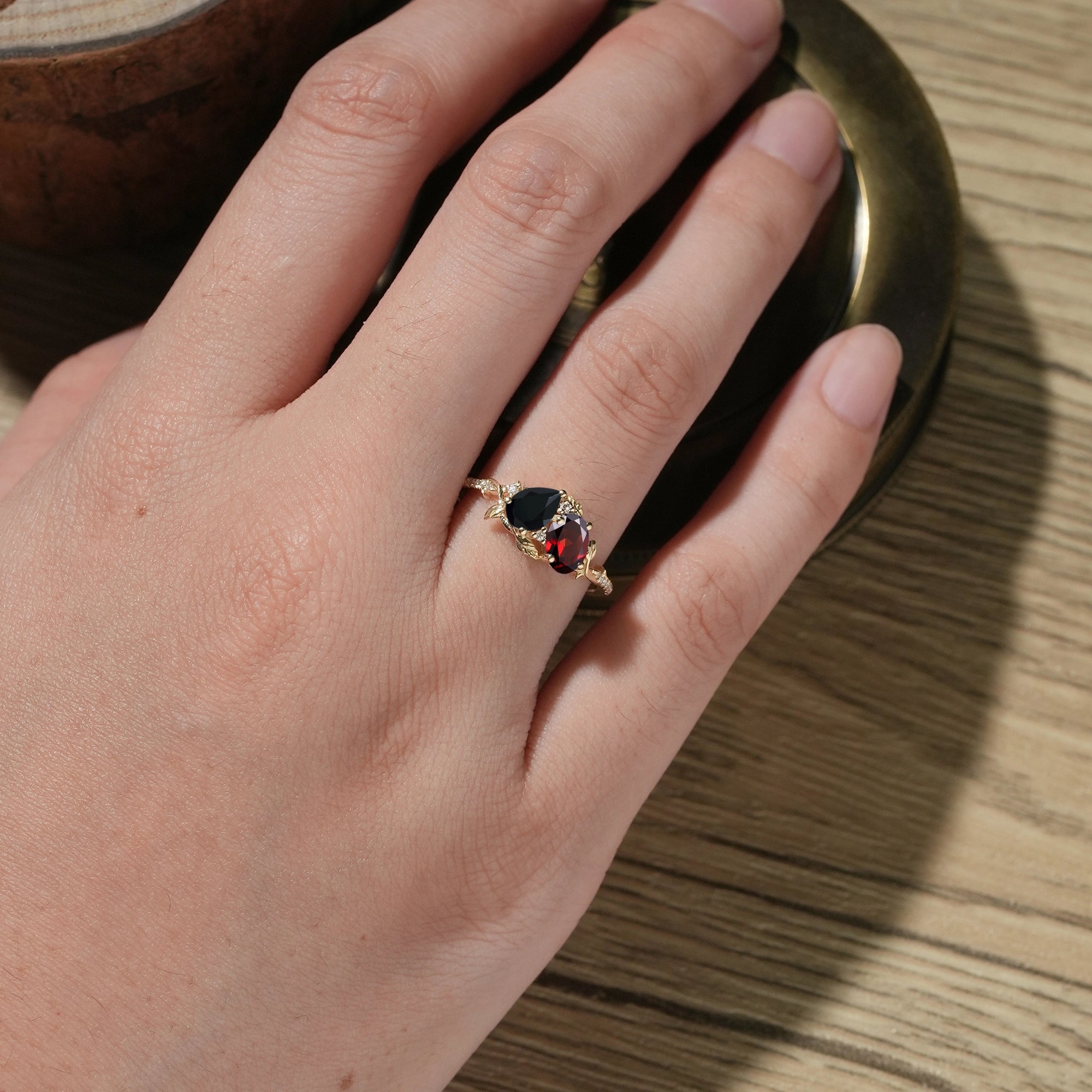 Two - Stone Pear Onyx And Oval Garnet Toi Et Moi Leaf Engagament Ring | GemsMagic - GemsMagic