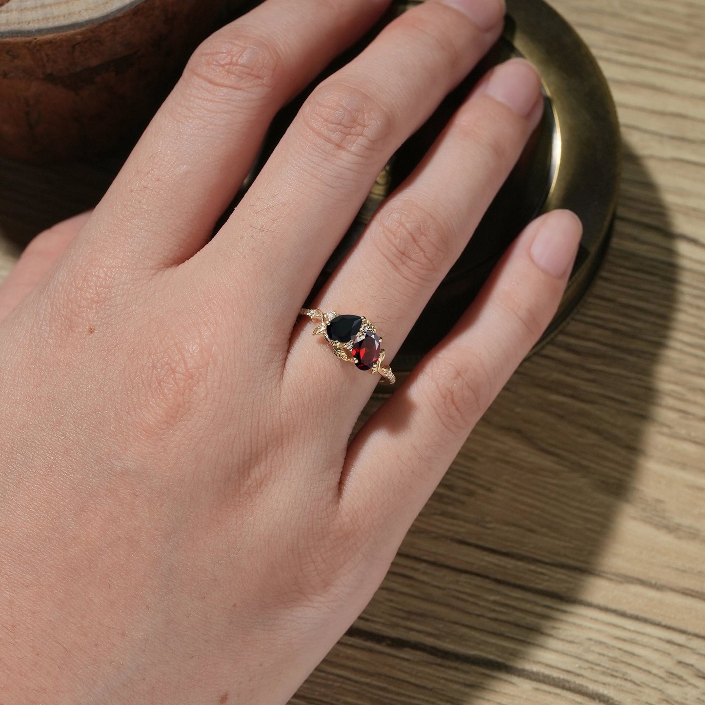Two - Stone Pear Onyx And Oval Garnet Toi Et Moi Leaf Engagament Ring | GemsMagic - GemsMagic