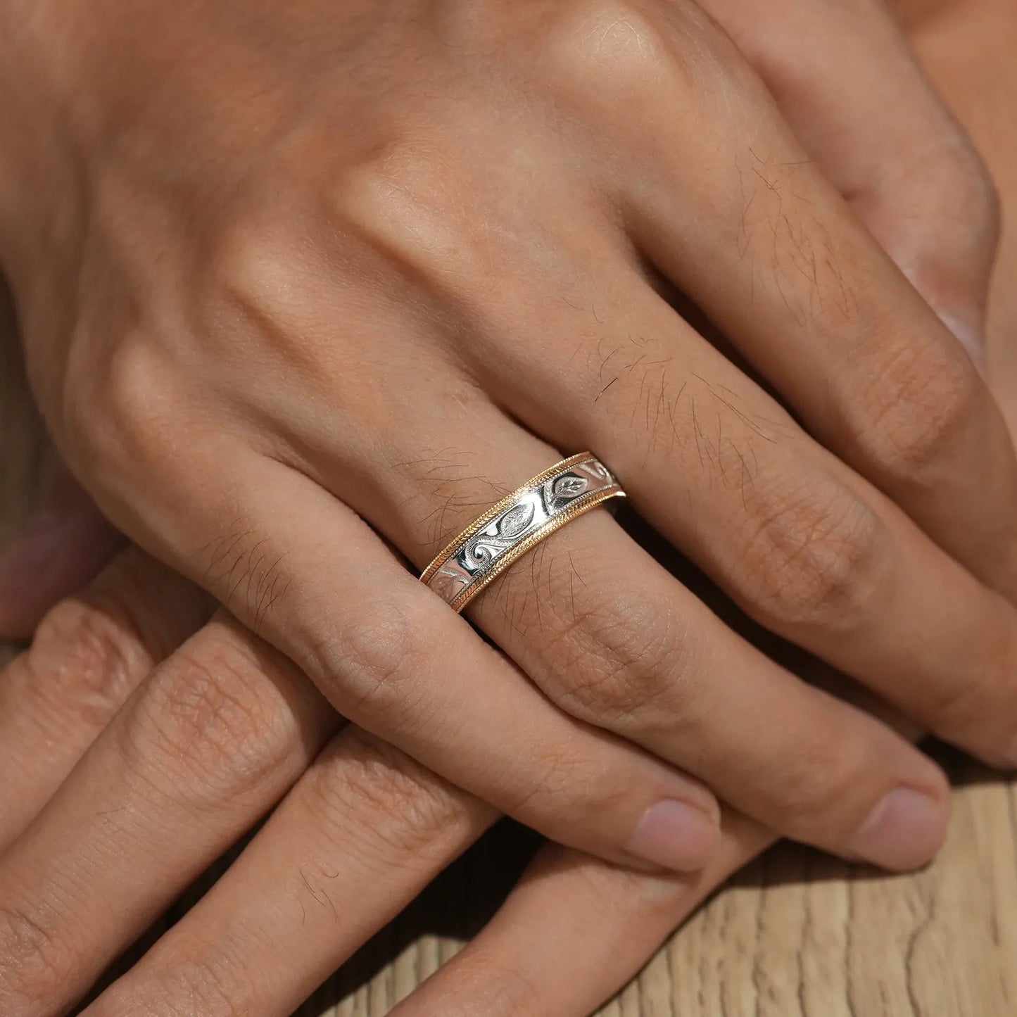 Two - Tone Scroll Design Yellow Sapphire Wedding Band - Miles - GemsMagic