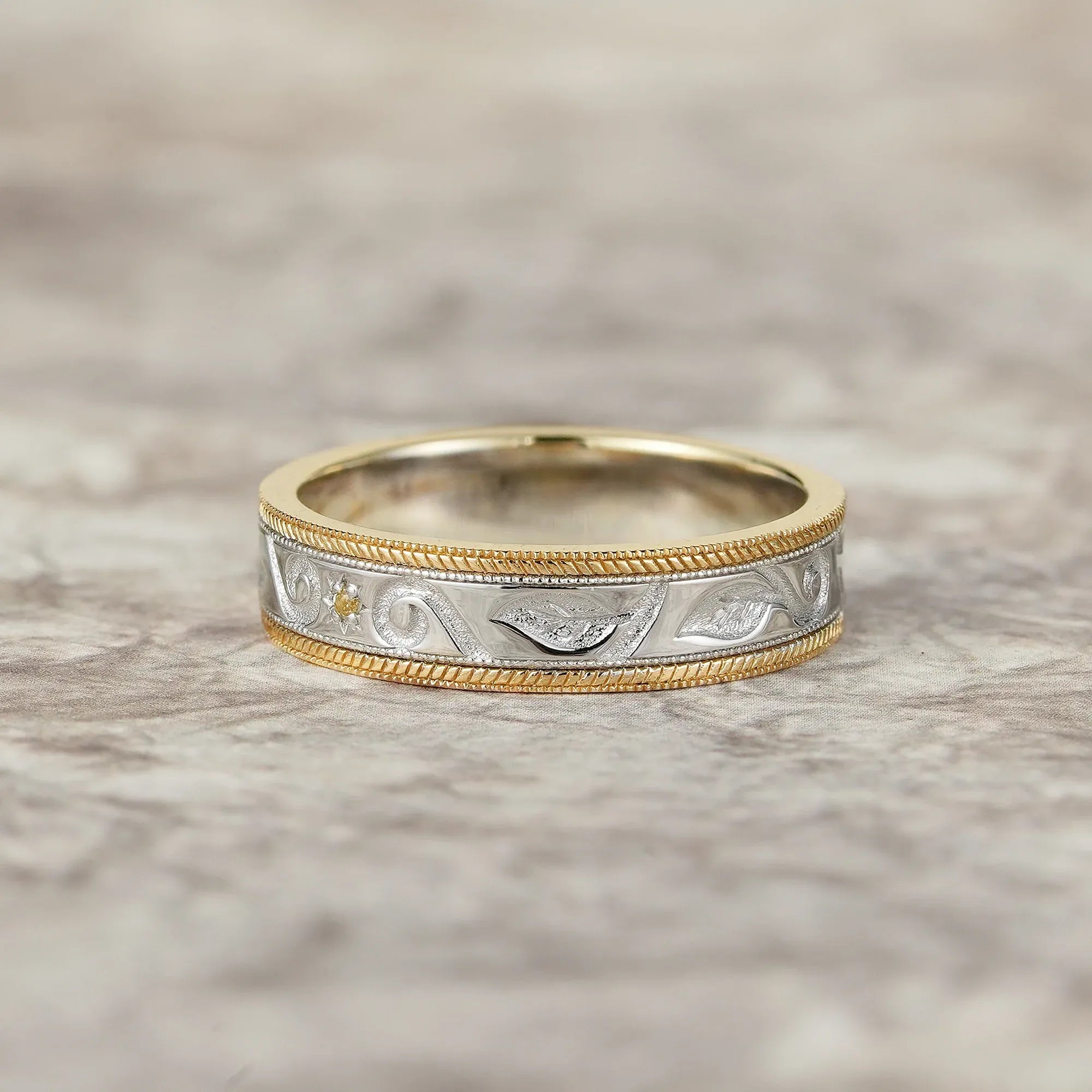 Two - Tone Scroll Design Yellow Sapphire Wedding Band - Miles - GemsMagic
