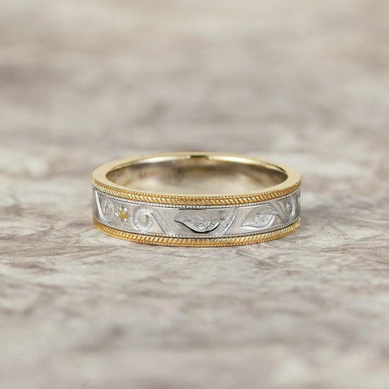 Two - Tone Scroll Design Yellow Sapphire Wedding Band - Miles - GemsMagic