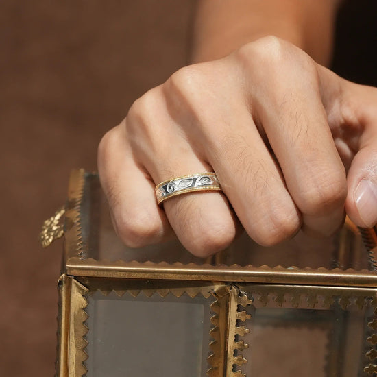 Two - Tone Scroll Design Yellow Sapphire Wedding Band - Miles - GemsMagic