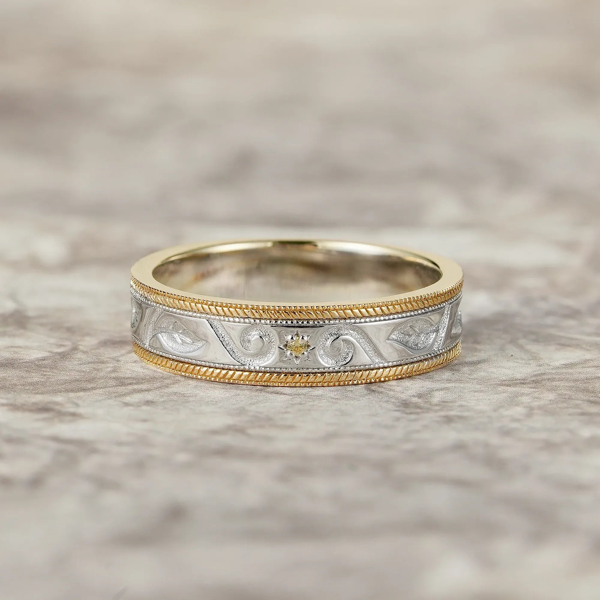 Two - Tone Scroll Design Yellow Sapphire Wedding Band - Miles - GemsMagic