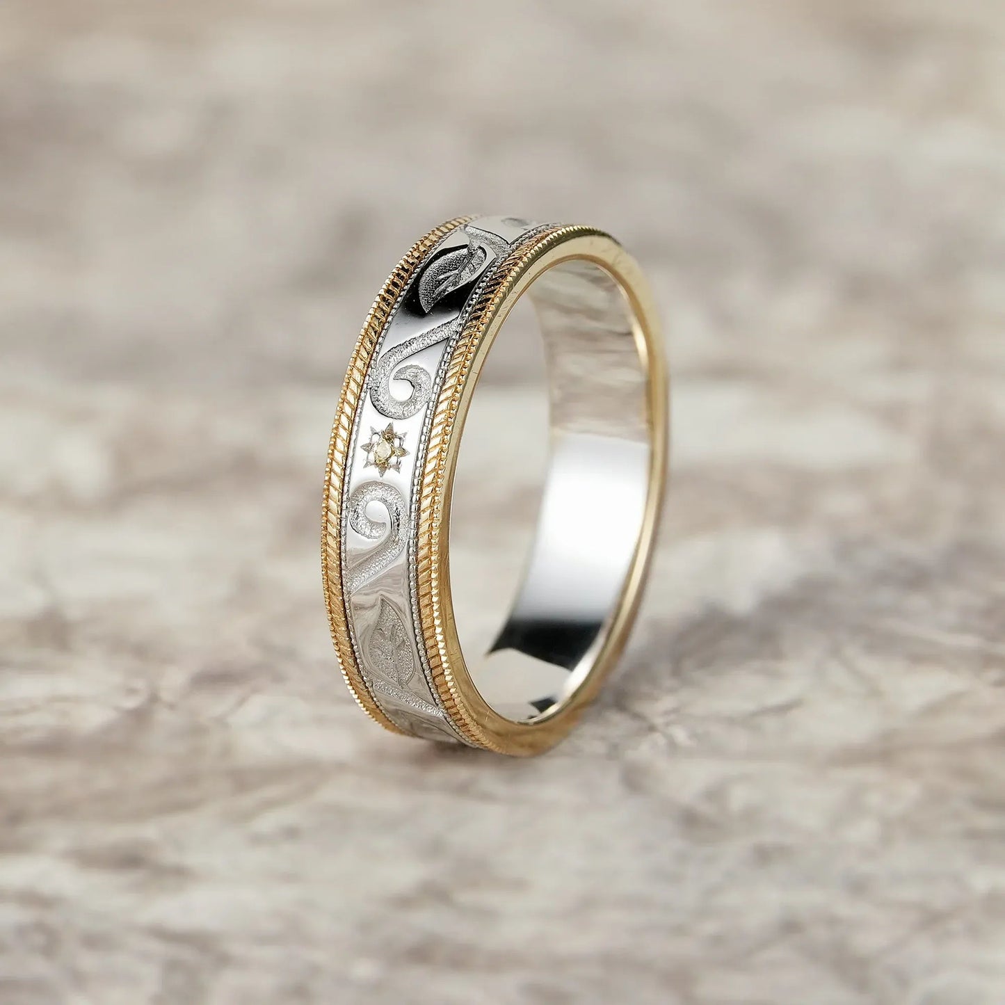 Two - Tone Scroll Design Yellow Sapphire Wedding Band - Miles - GemsMagic
