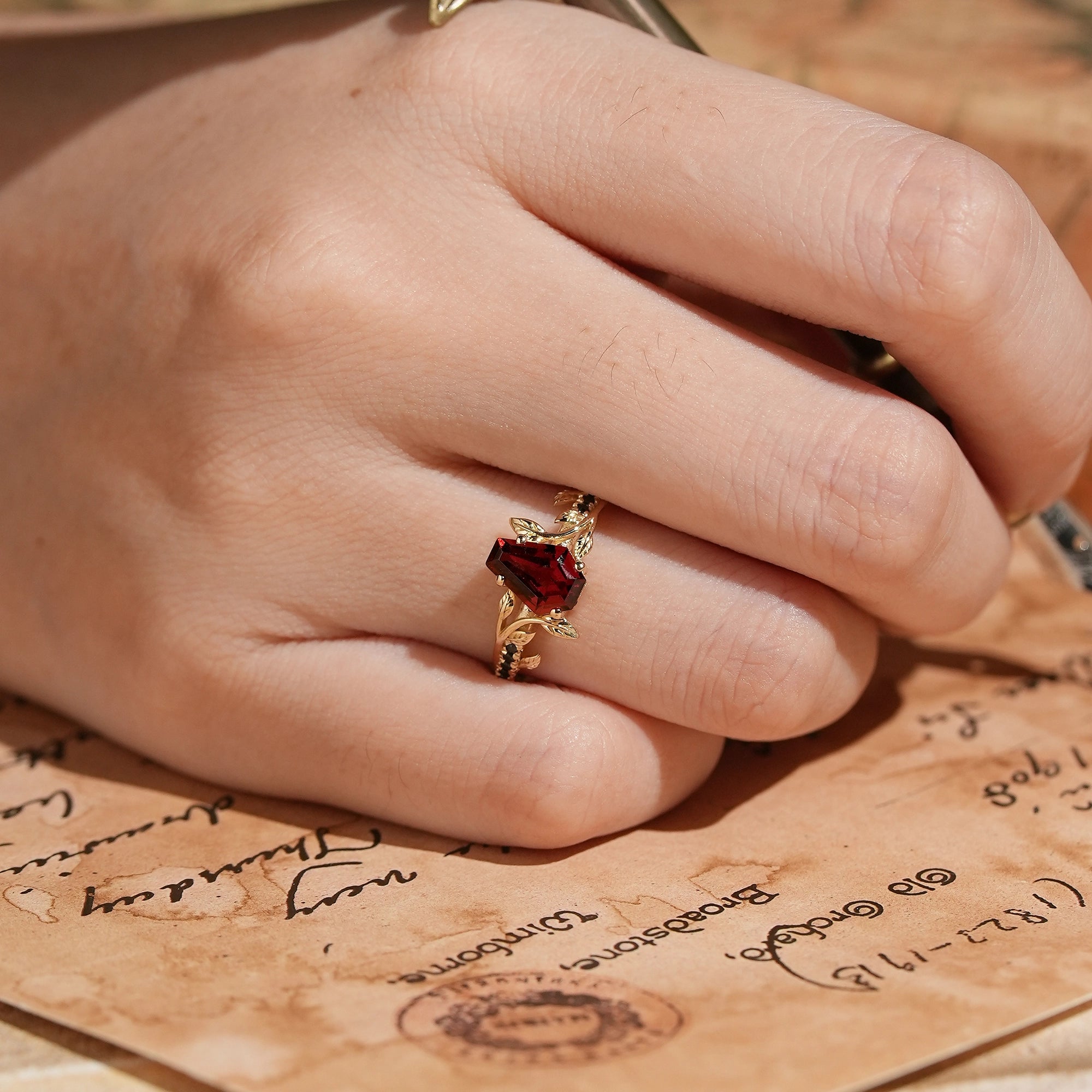 Unique Coffin Cut Garnet And Black Onyx Leaf Inspired Engagement Ring - GemsMagic