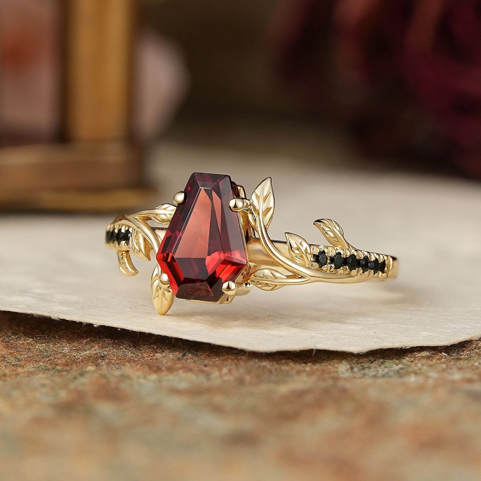 Unique Coffin Cut Garnet And Black Onyx Leaf Inspired Engagement Ring - GemsMagic