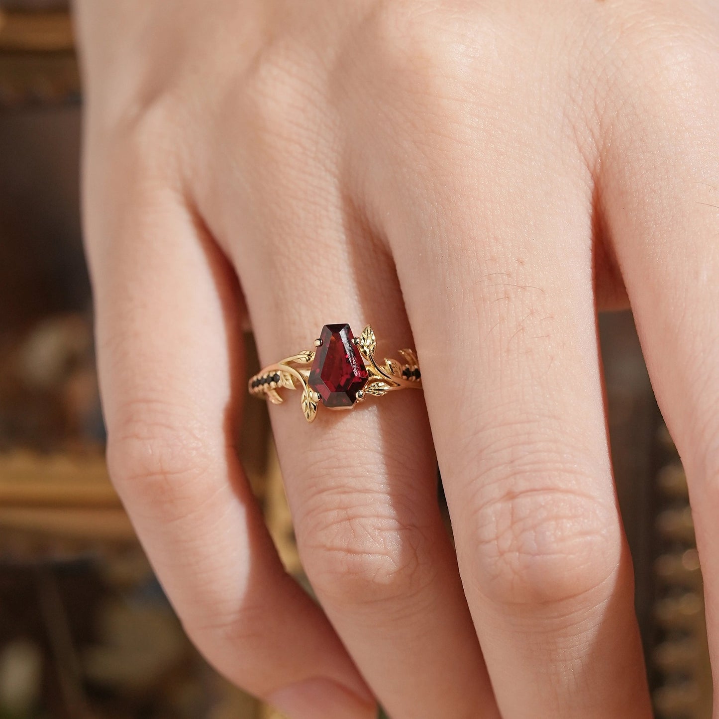Unique Coffin Cut Garnet And Black Onyx Leaf Inspired Engagement Ring - GemsMagic