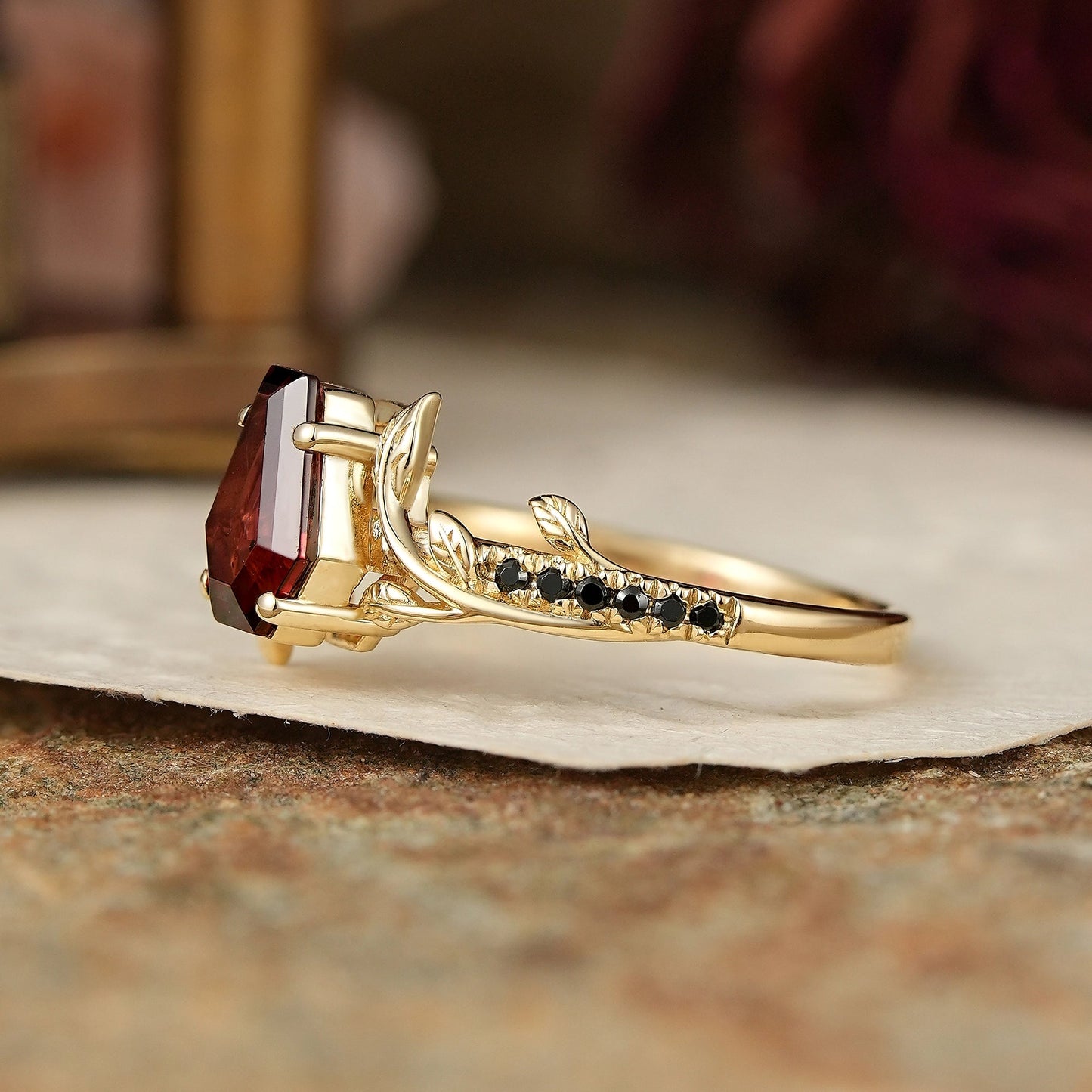 Unique Coffin Cut Garnet And Black Onyx Leaf Inspired Engagement Ring - GemsMagic