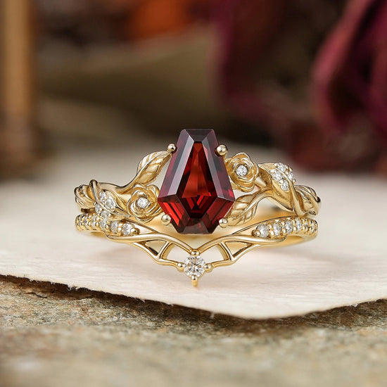 Unique Coffin Cut Garnet Nature Inspired Bat Wing Bridal Ring Set - GemsMagic - GemsMagic