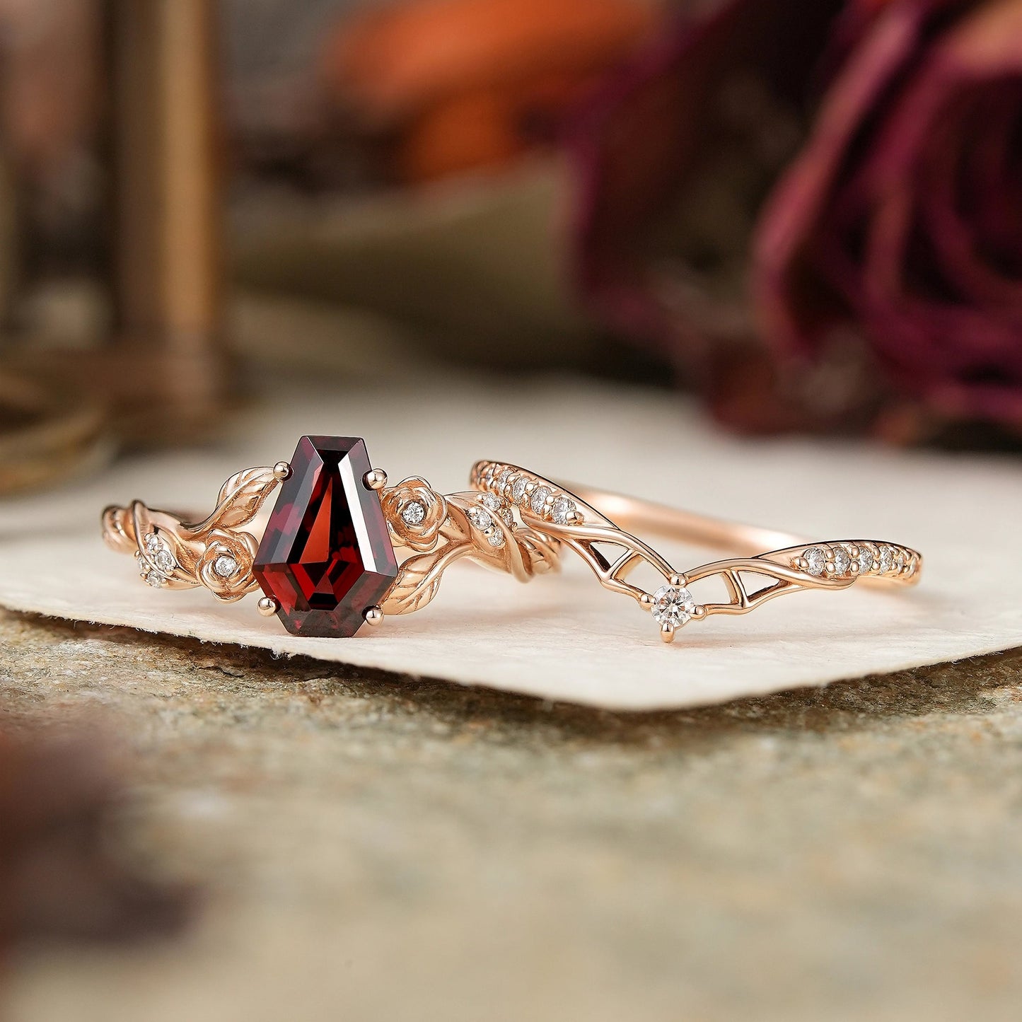 Unique Coffin Cut Garnet Nature Inspired Bat Wing Bridal Ring Set - GemsMagic - GemsMagic