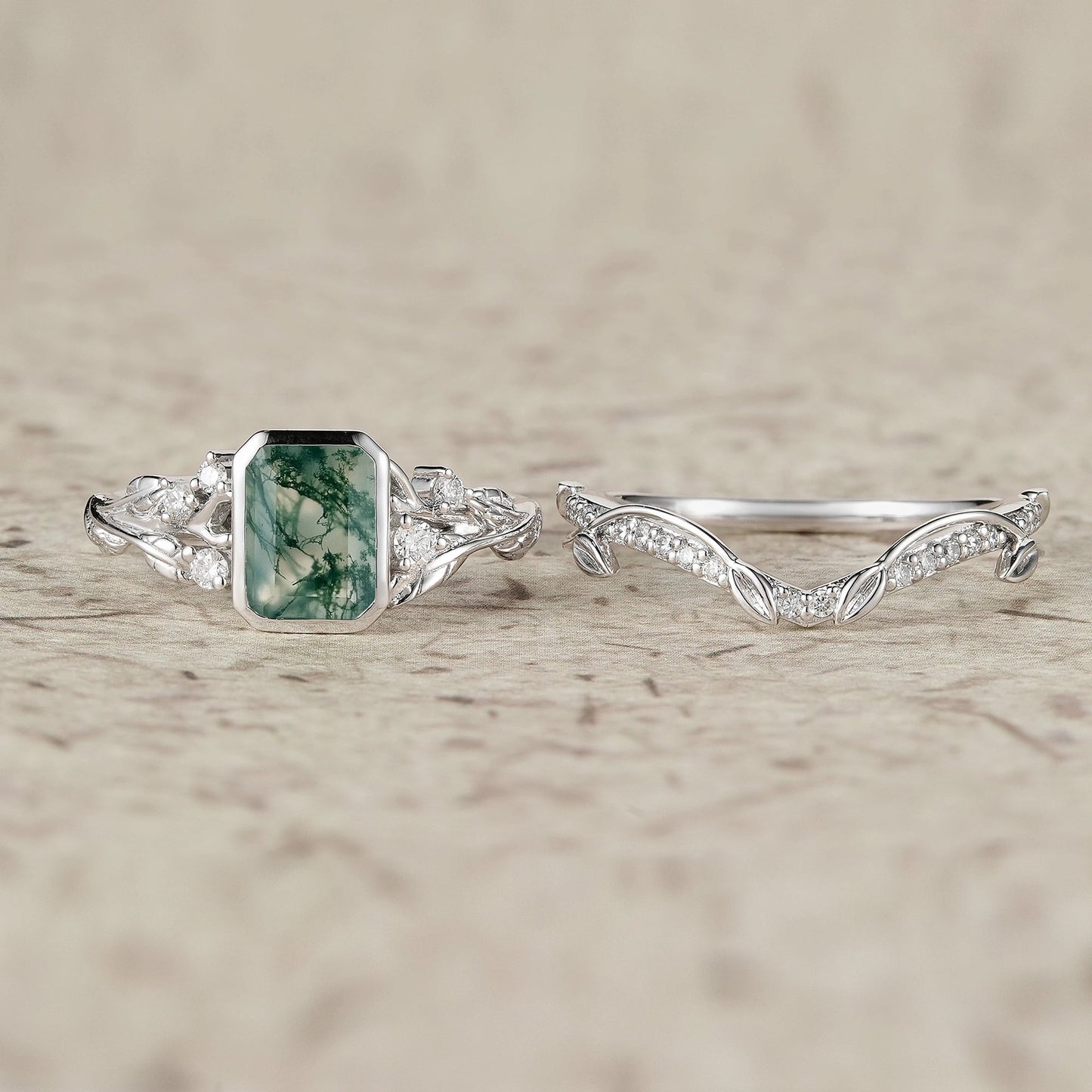 Unique Emerald Cut Emerald & Moissanite Ring Set 2pcs - Anya - GemsMagic