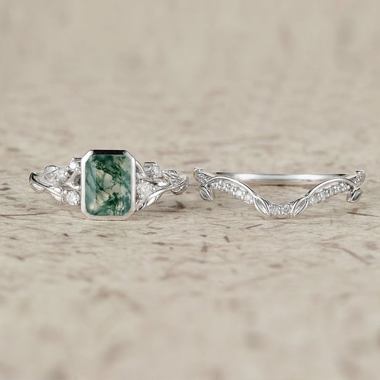 Unique Emerald Cut Emerald & Moissanite Ring Set 2pcs - Anya - GemsMagic