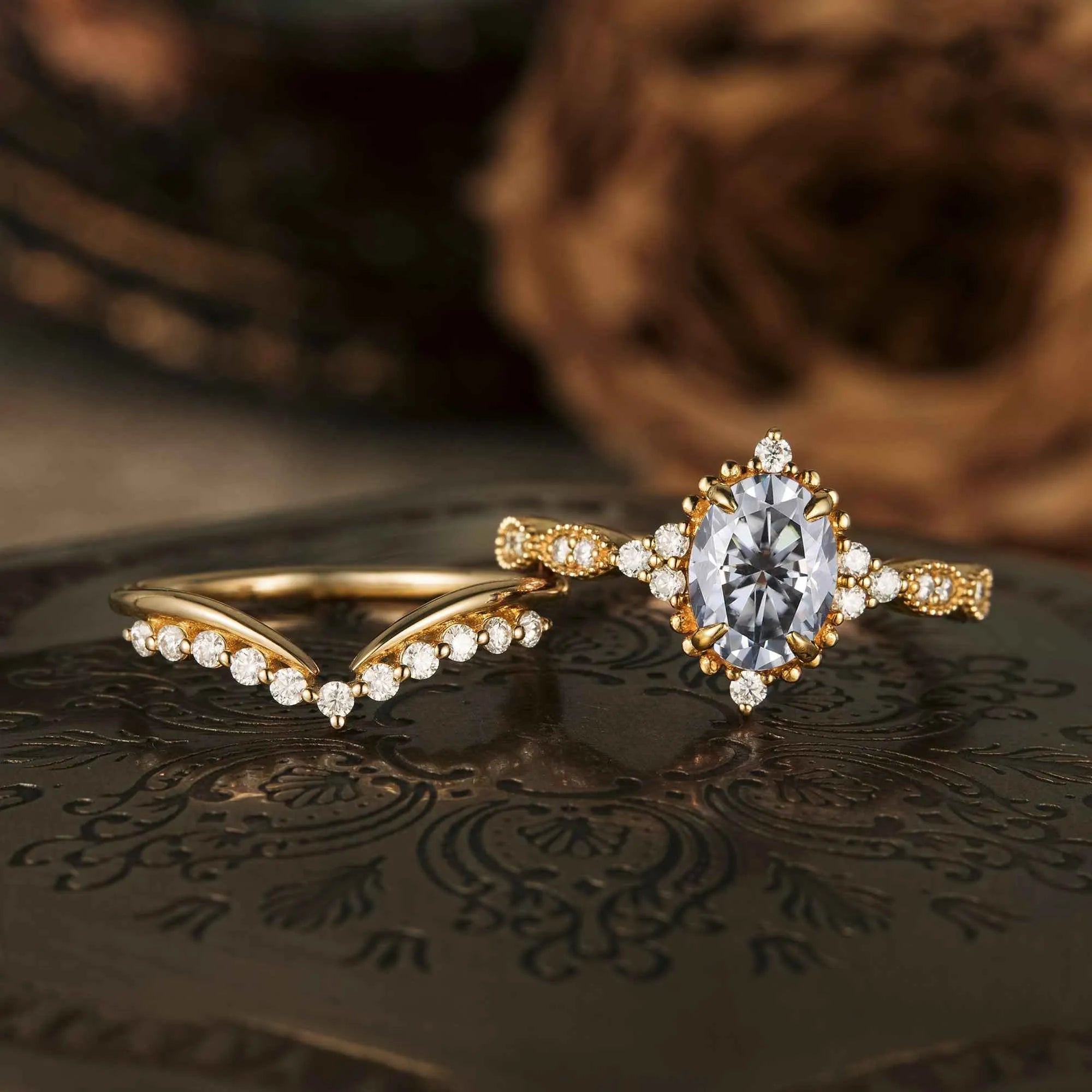 Unique Gray Moissanite Engagement Ring Set 2pcs - GemsMagic - GemsMagic