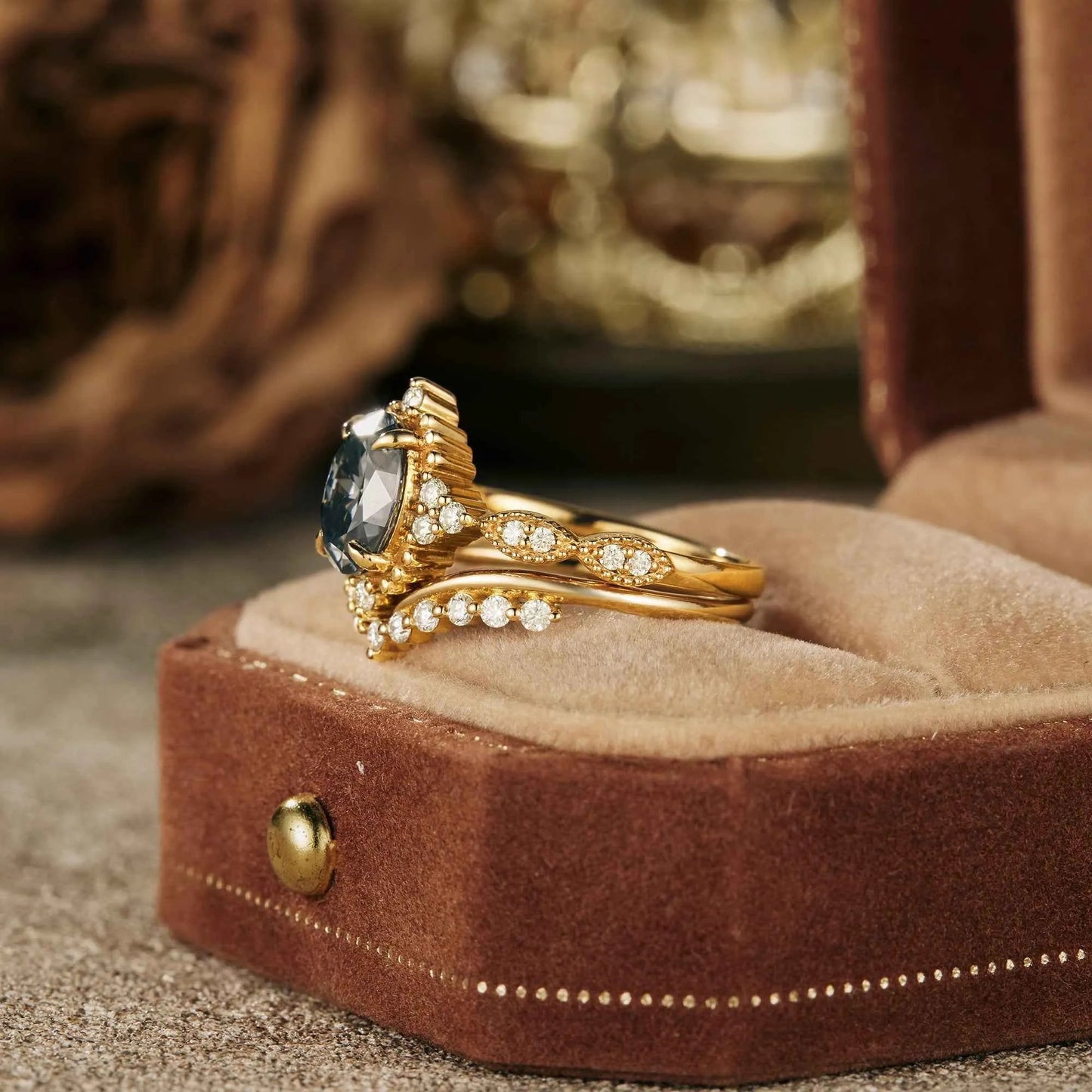 Unique Gray Moissanite Engagement Ring Set 2pcs - GemsMagic - GemsMagic