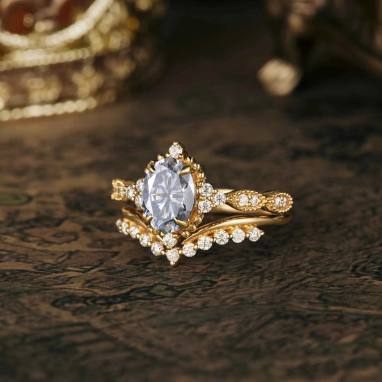 Unique Gray Moissanite Engagement Ring Set 2pcs - GemsMagic - GemsMagic