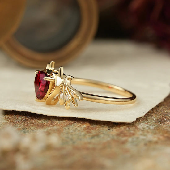 Unique Heart Cut Ruby Bat Inspired Engagement Ring - GemsMagic