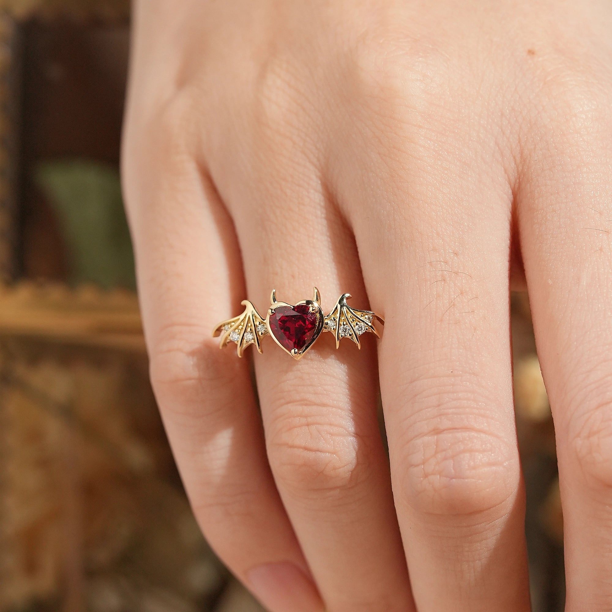 Unique Heart Cut Ruby Bat Inspired Engagement Ring - GemsMagic