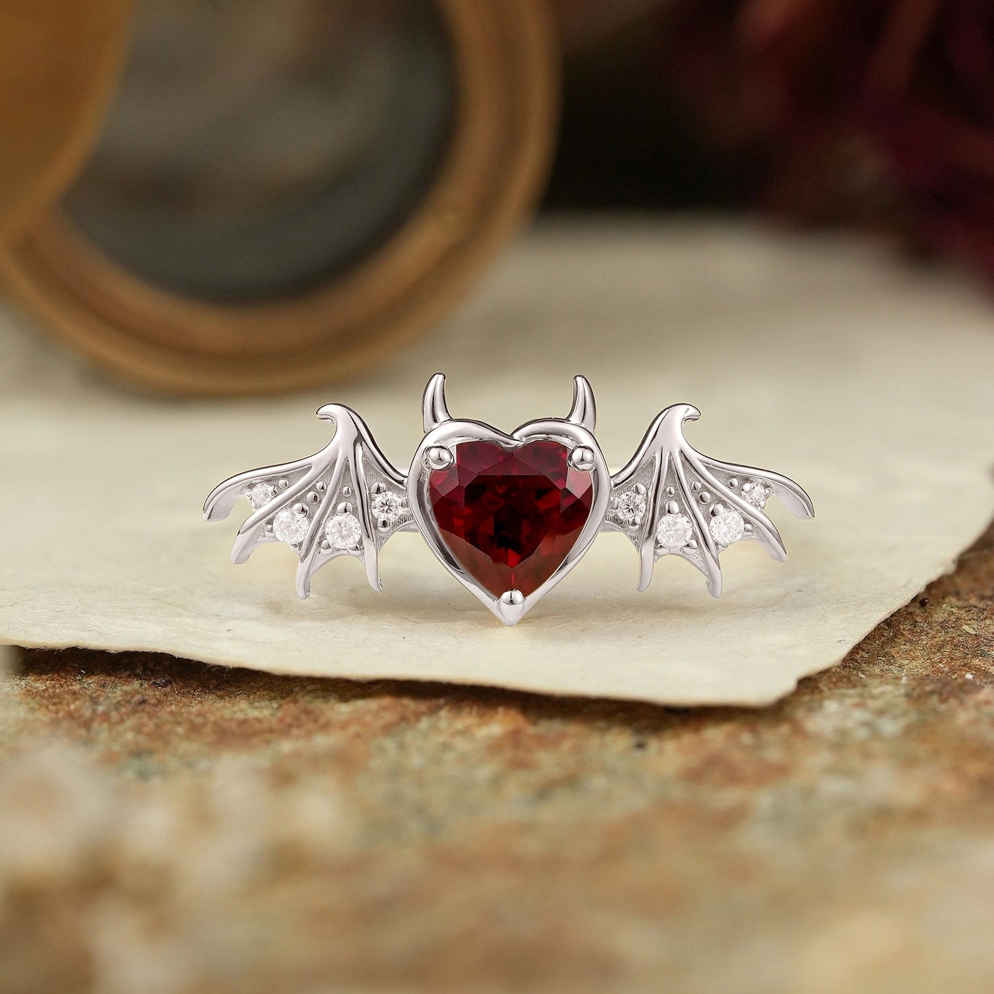 Unique Heart Cut Ruby Bat Inspired Engagement Ring - GemsMagic