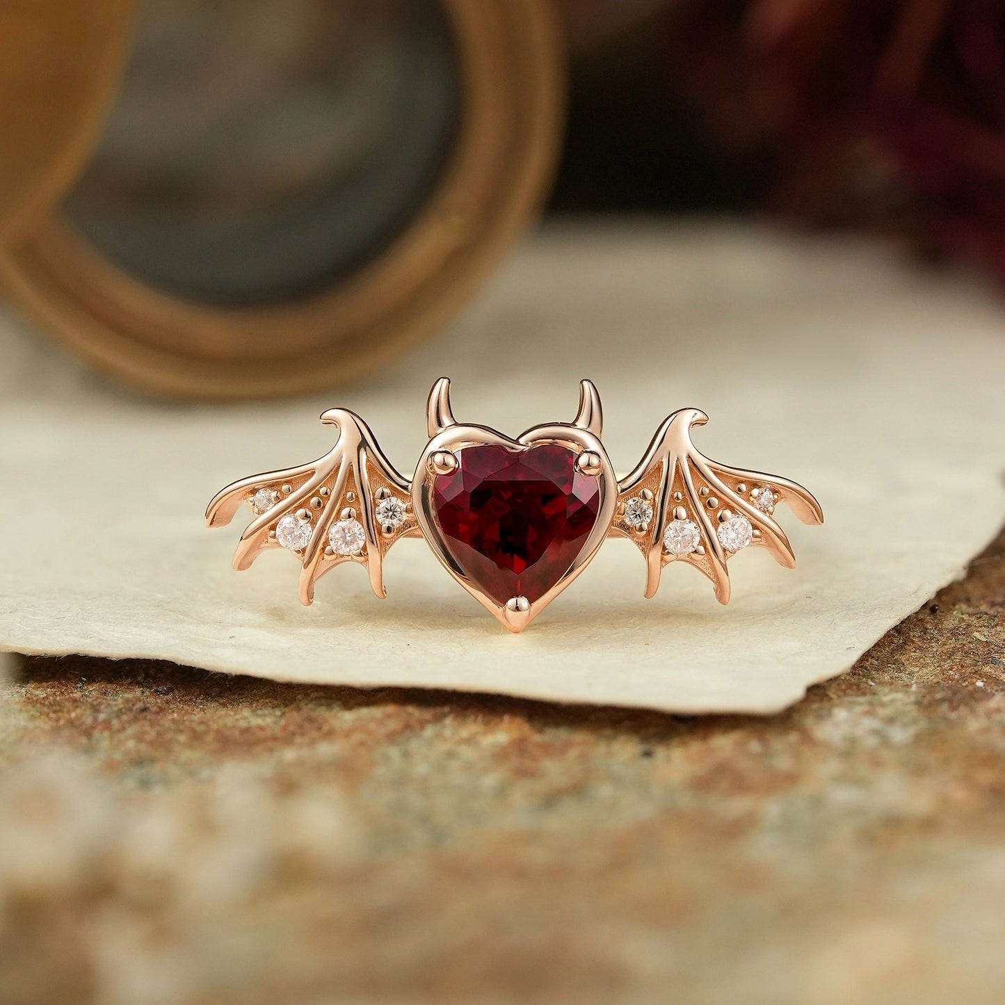 Unique Heart Cut Ruby Bat Inspired Engagement Ring - GemsMagic