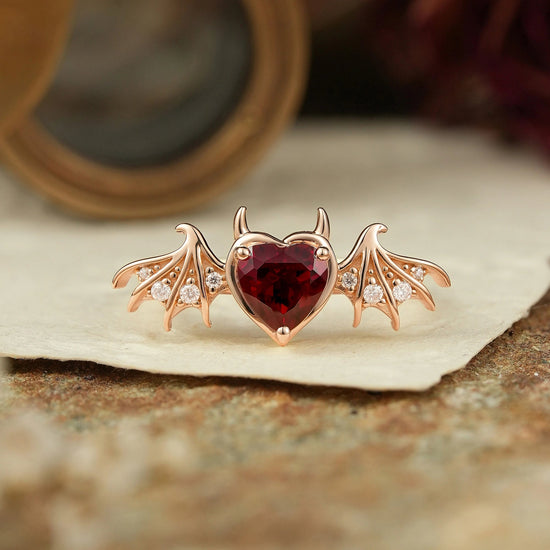 Unique Heart Cut Ruby Bat Inspired Engagement Ring - GemsMagic