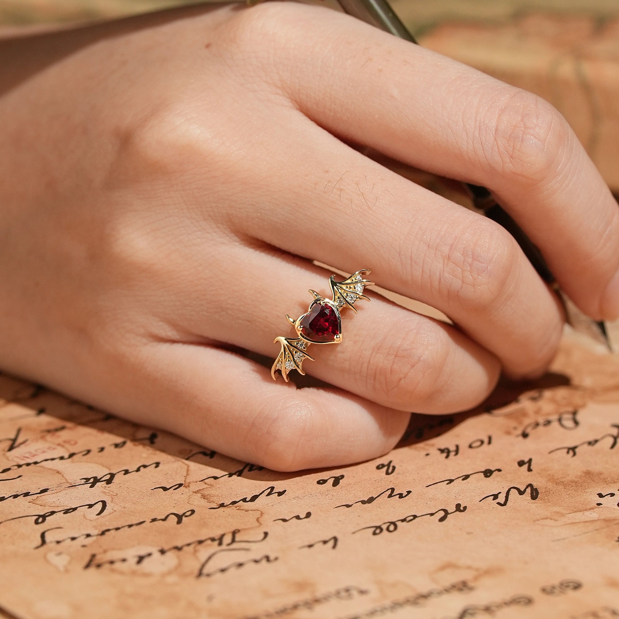 Unique Heart Cut Ruby Bat Inspired Engagement Ring - GemsMagic