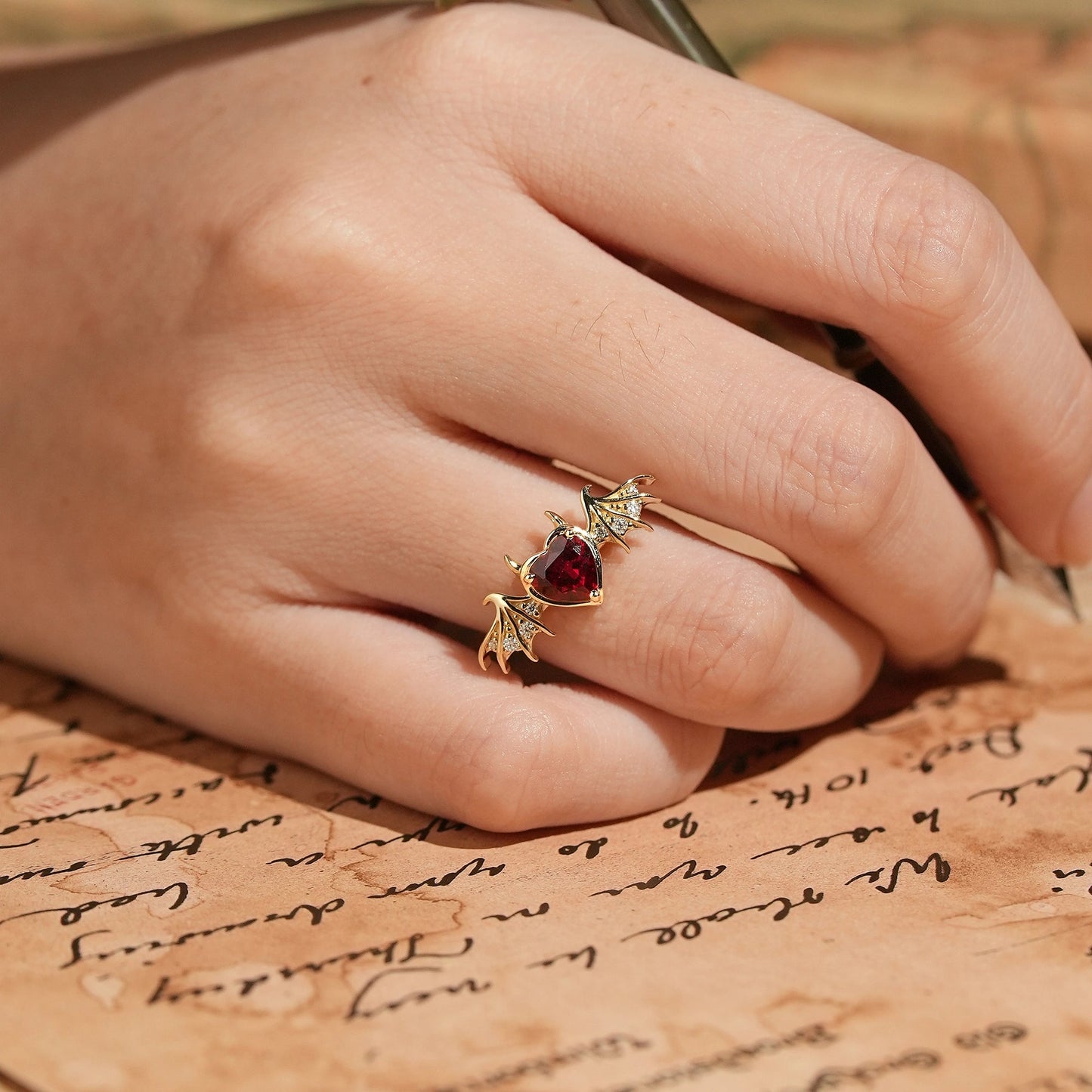 Unique Heart Cut Ruby Bat Inspired Engagement Ring - GemsMagic