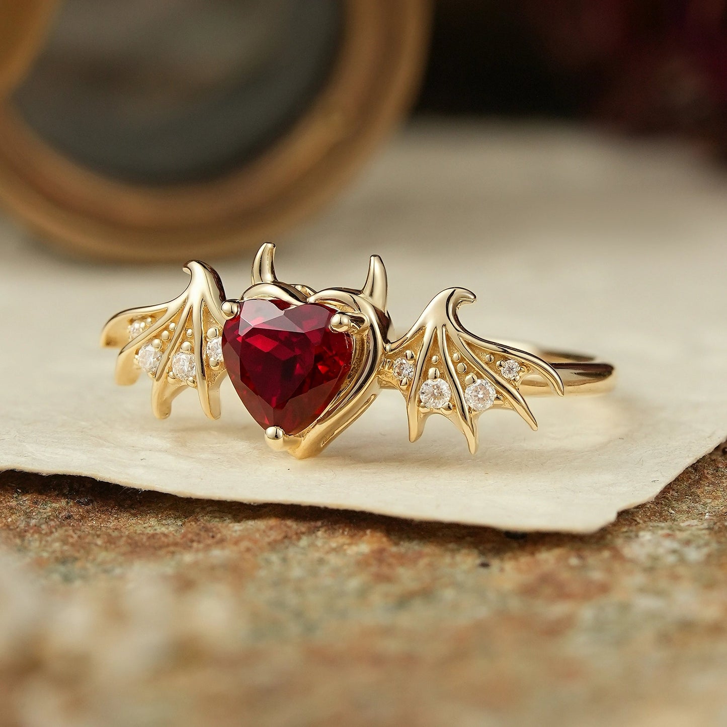 Unique Heart Cut Ruby Bat Inspired Engagement Ring - GemsMagic