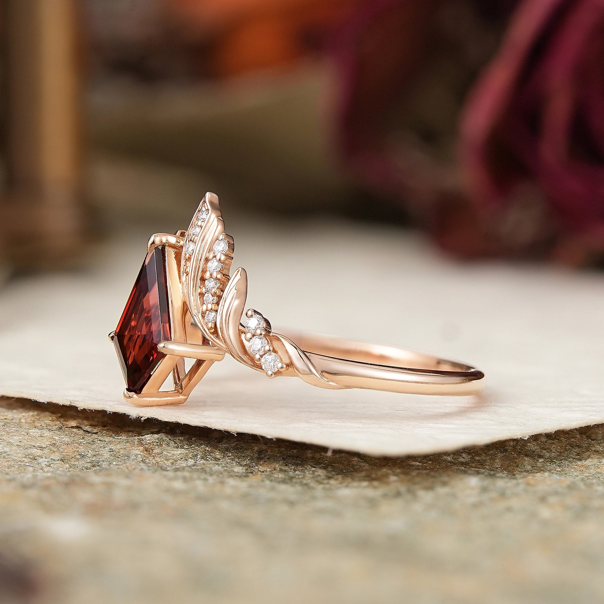 Unique Kite Cut Garnet Engagement Ring Nature Inspired Ring - GemsMagic