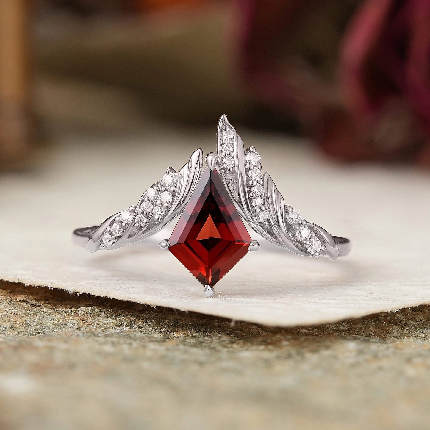 Unique Kite Cut Garnet Engagement Ring Nature Inspired Ring - GemsMagic