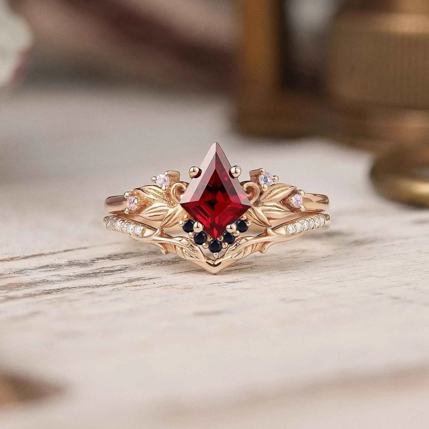 Unique Kite Cut Ruby Nature Inspired Moonstone And Black Onyx Bridal Ring Set - GemsMagic - GemsMagic