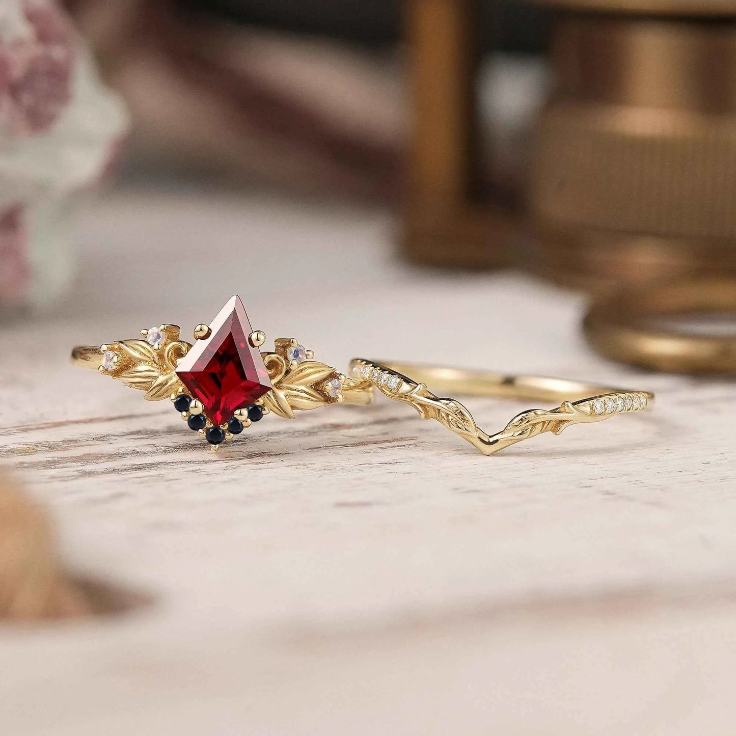 Unique Kite Cut Ruby Nature Inspired Moonstone And Black Onyx Bridal Ring Set - GemsMagic - GemsMagic