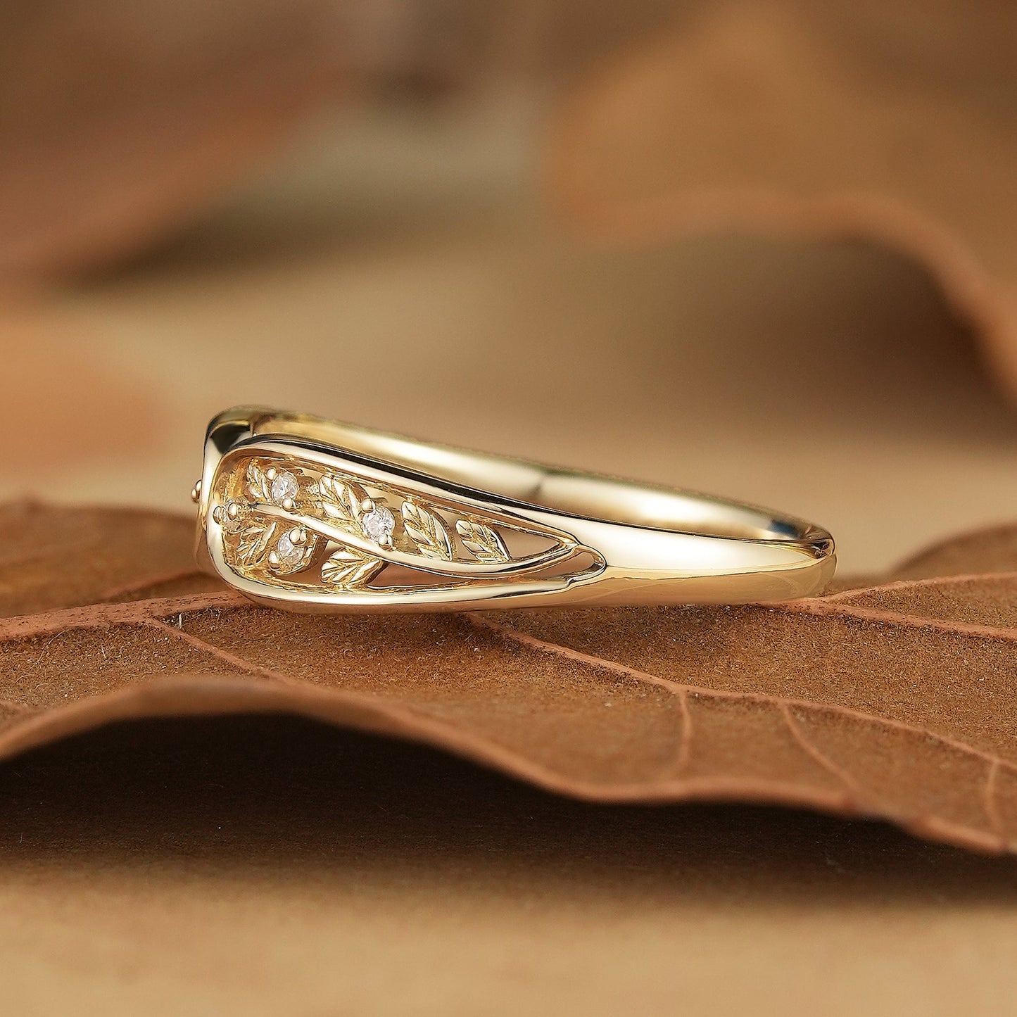 Unique Leaf Moissanite Wedding Band - Dorothea - GemsMagic