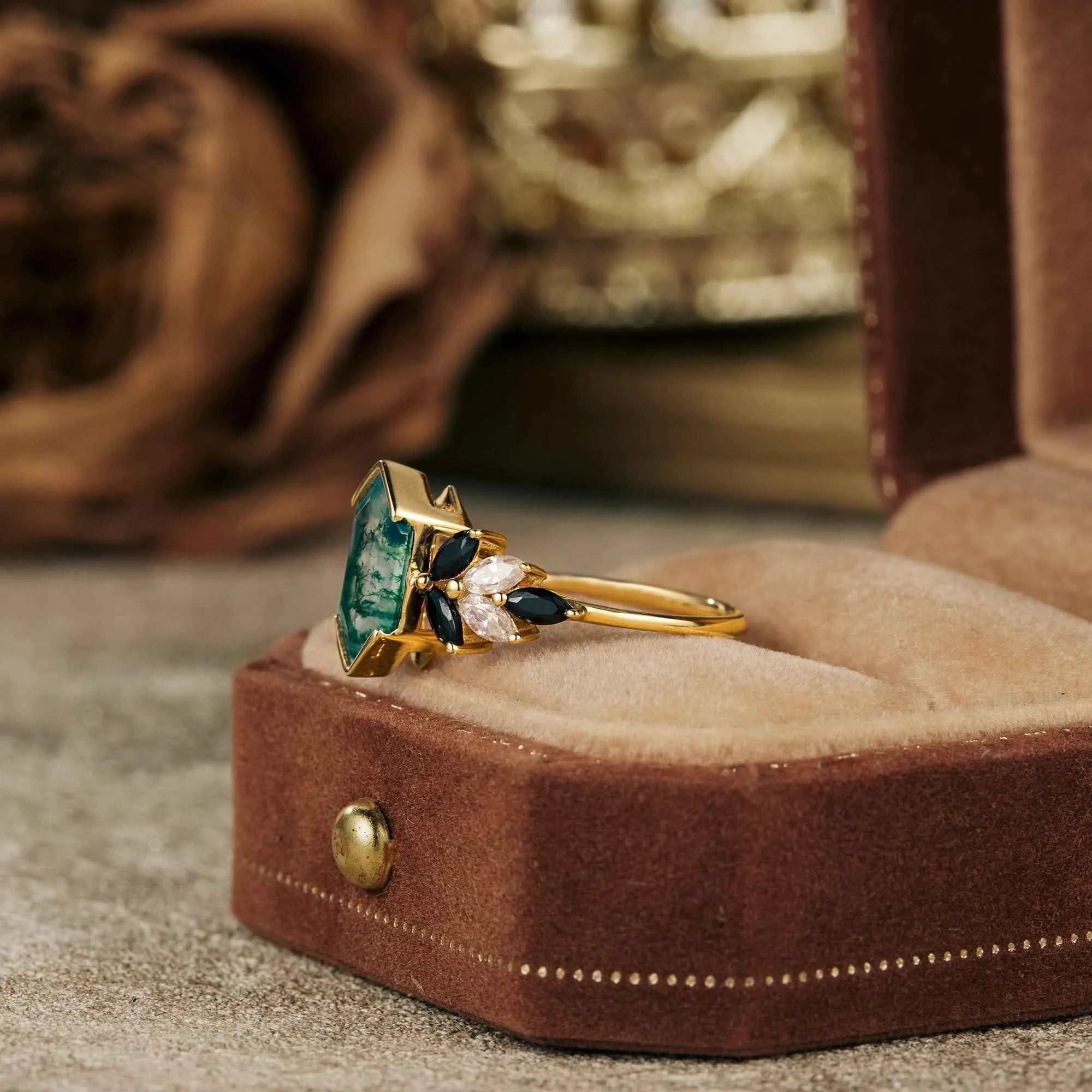 Unique Long Hexagon Cut Moss Agate Ring - GemsMagic - GemsMagic