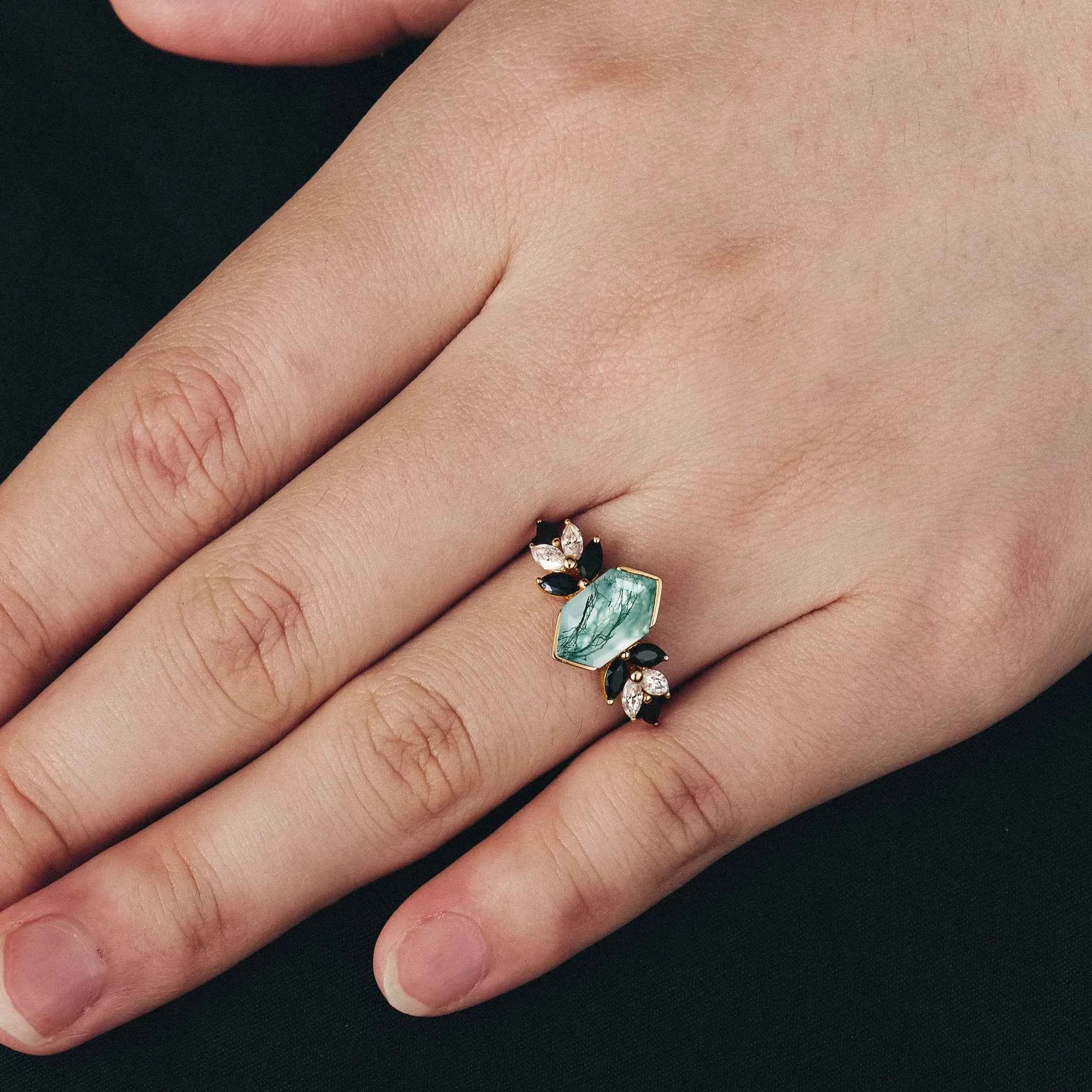 Unique Long Hexagon Cut Moss Agate Ring - GemsMagic - GemsMagic