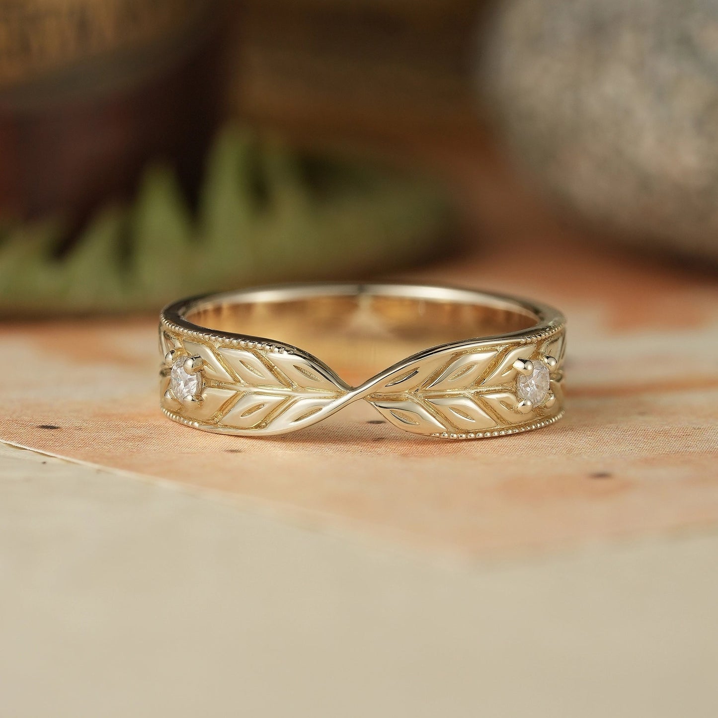 Unique Moissanite Nature Inspired Men's Ring Twist Milgrain Men's Band - GemsMagic