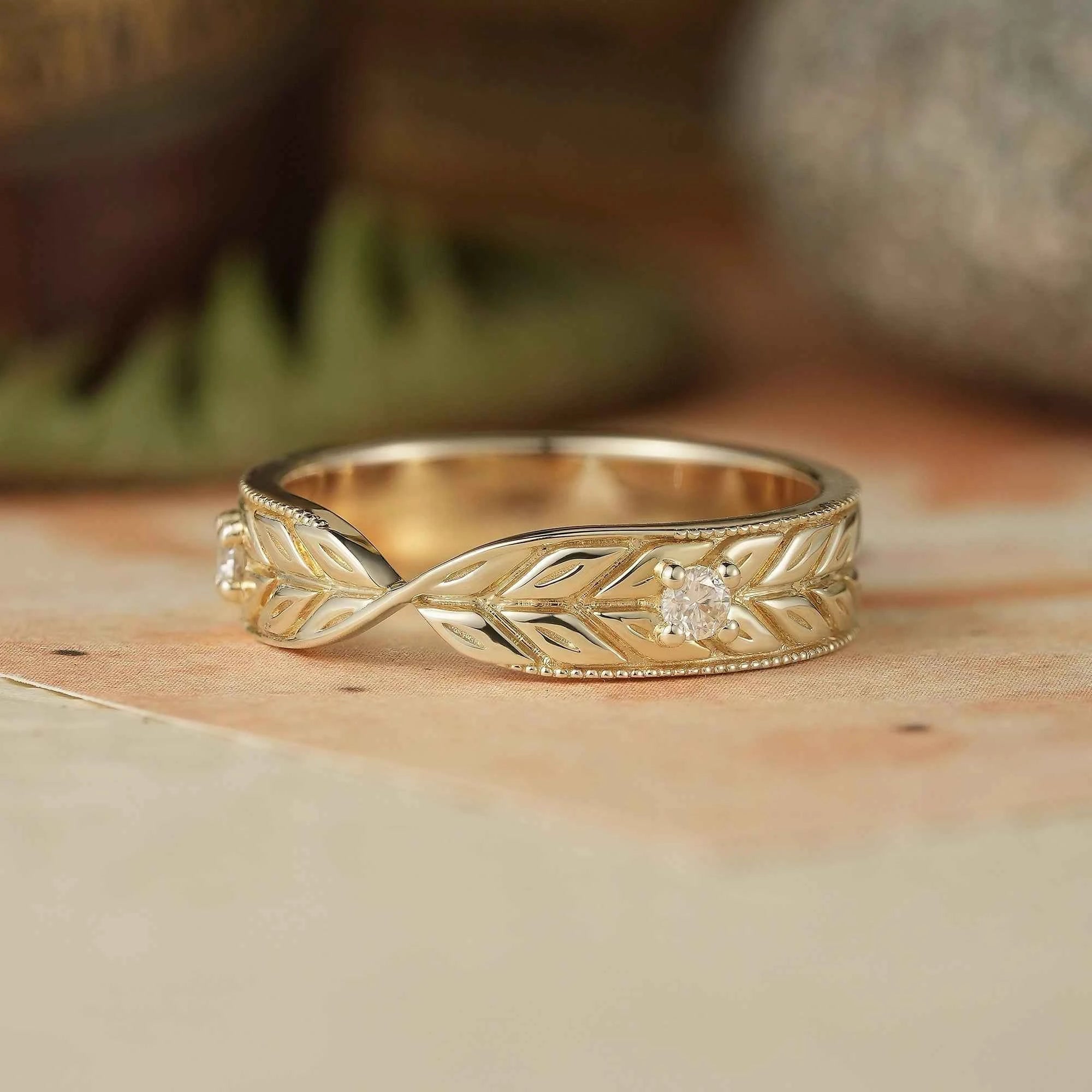 Unique Moissanite Nature Inspired Men's Ring Twist Milgrain Men's Band