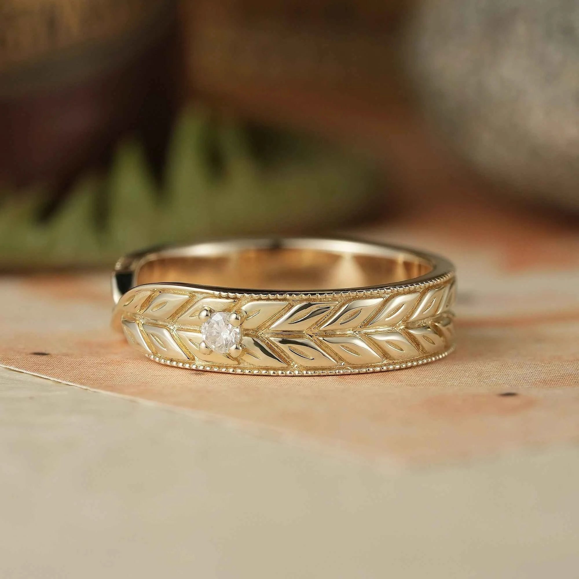 Unique Moissanite Nature Inspired Men's Ring Twist Milgrain Men's Band