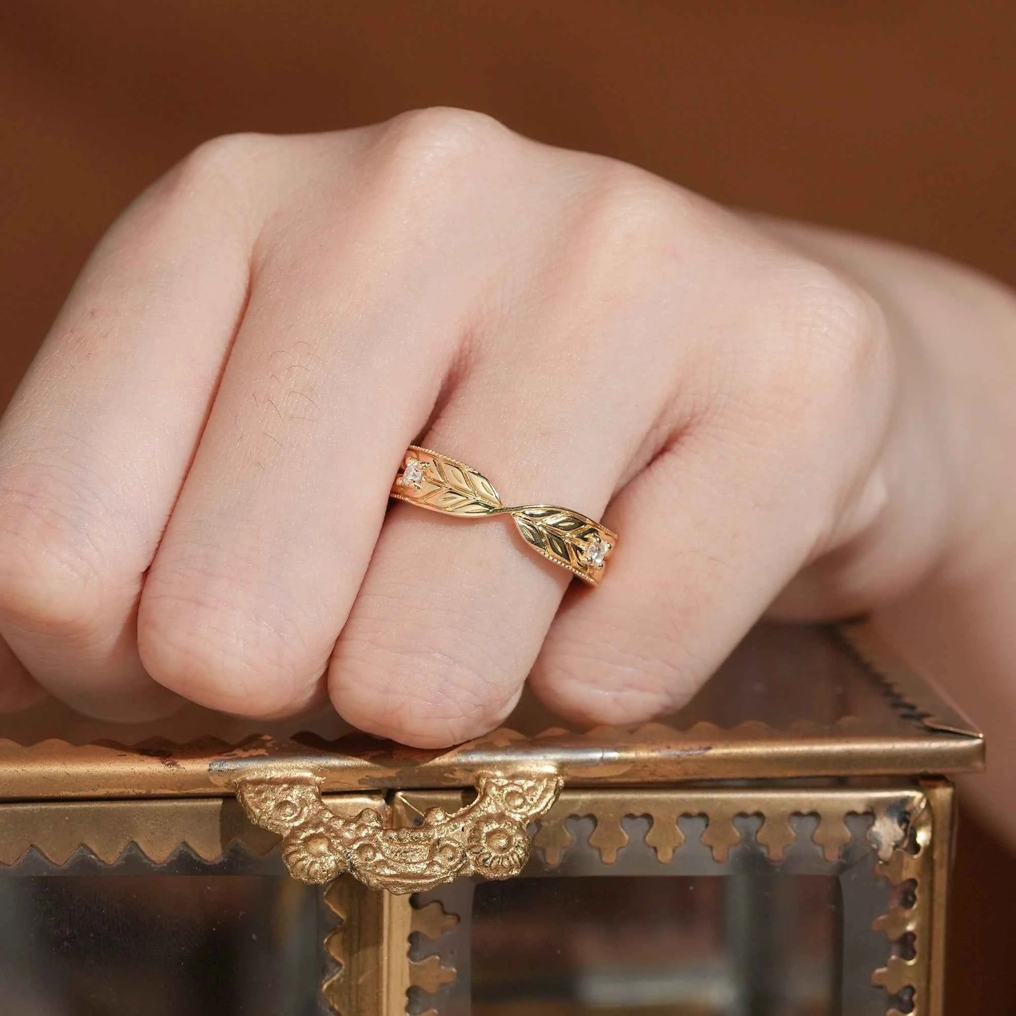 Unique Moissanite Nature Inspired Men's Ring Twist Milgrain Men's Band