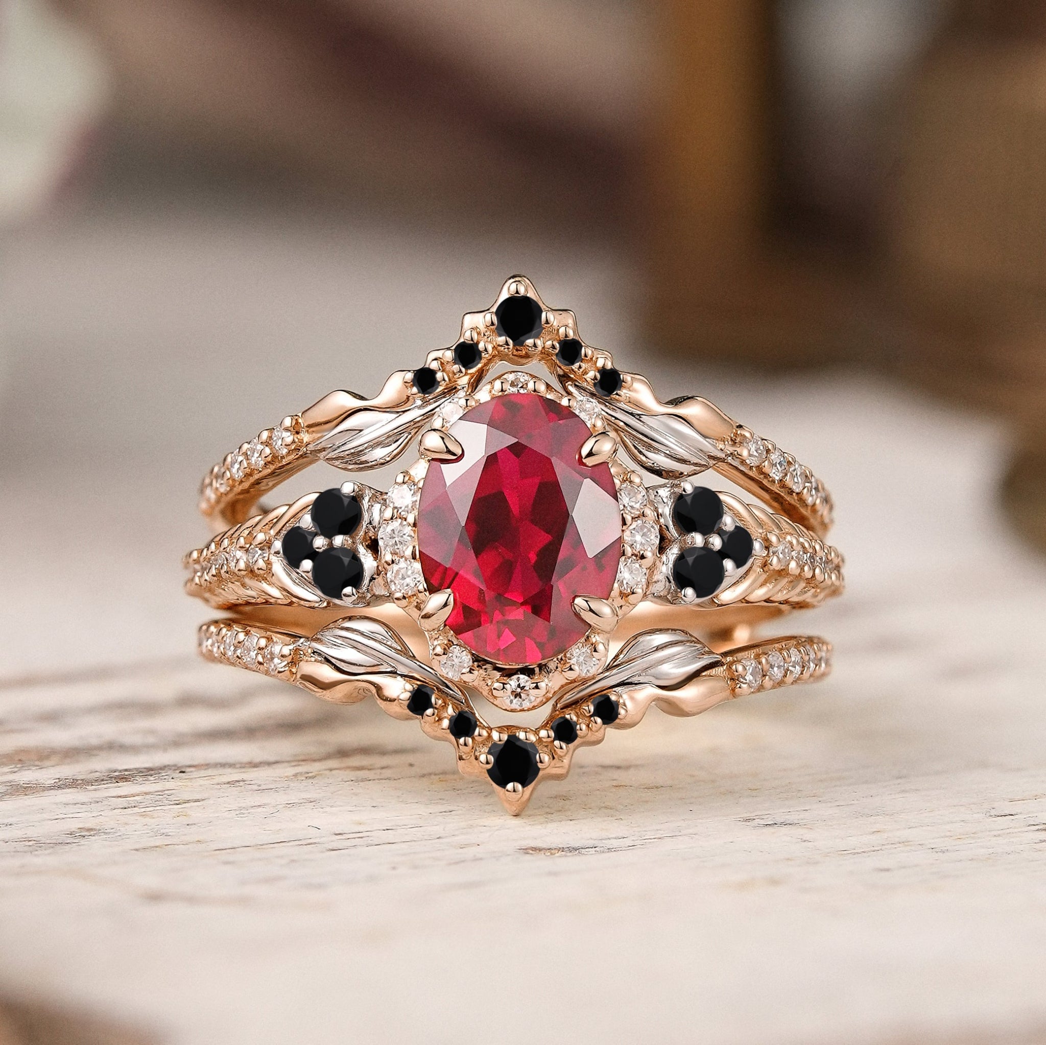 Unique Nature Inspired Oval Cut Lab Ruby Halo Enhancer Bridal Ring Set - GemsMagic