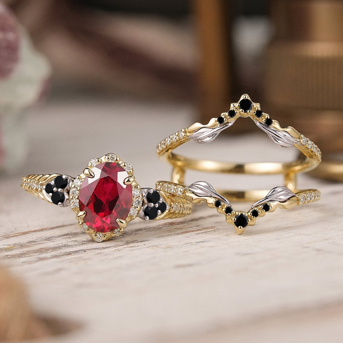 Unique Nature Inspired Oval Cut Lab Ruby Halo Enhancer Bridal Ring Set - GemsMagic