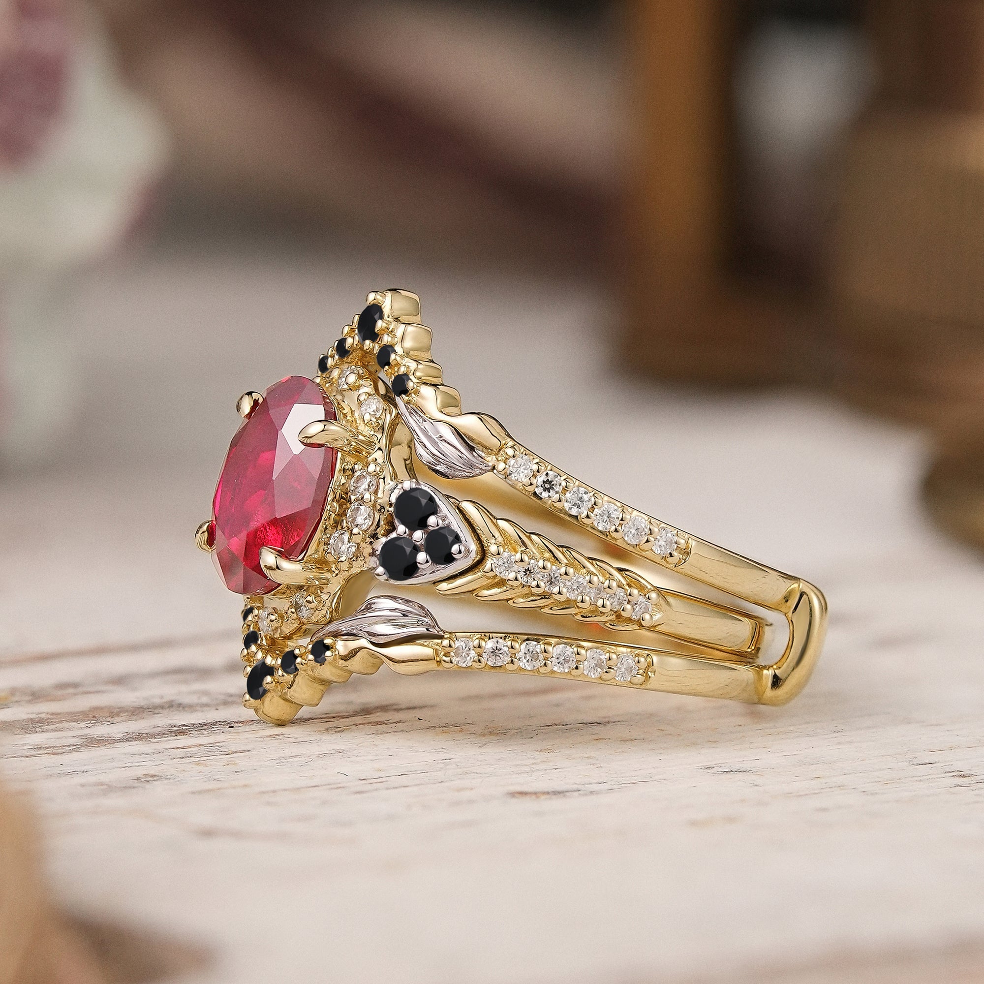 Unique Nature Inspired Oval Cut Lab Ruby Halo Enhancer Bridal Ring Set - GemsMagic