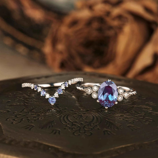 Unique Oval Alexandrite Twisted Engagement Ring Set 2pcs - GemsMagic - GemsMagic