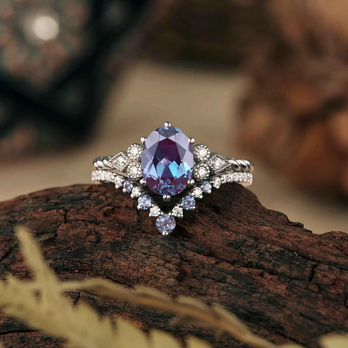 Unique Oval Alexandrite Twisted Engagement Ring Set 2pcs - GemsMagic - GemsMagic