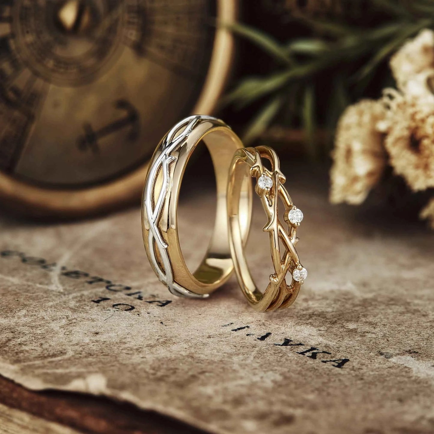 Unique Vine Design Moissanite Couple Ring Set - Now & Forever - GemsMagic